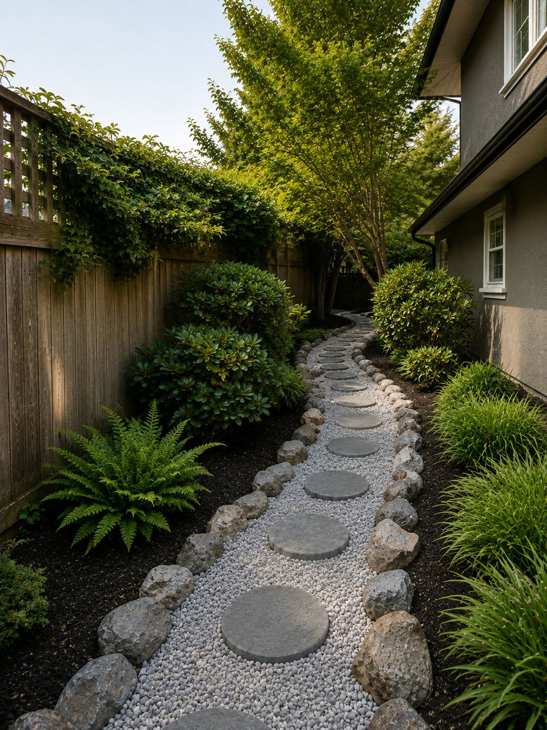 Gallery photos for Side Yard Gone From Overgrown to Clean Stone Pathway: Image #2